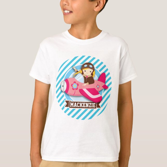 Girl Pilot in Pink Aeroplane; Blue & White Stripes T-Shirt (Front)