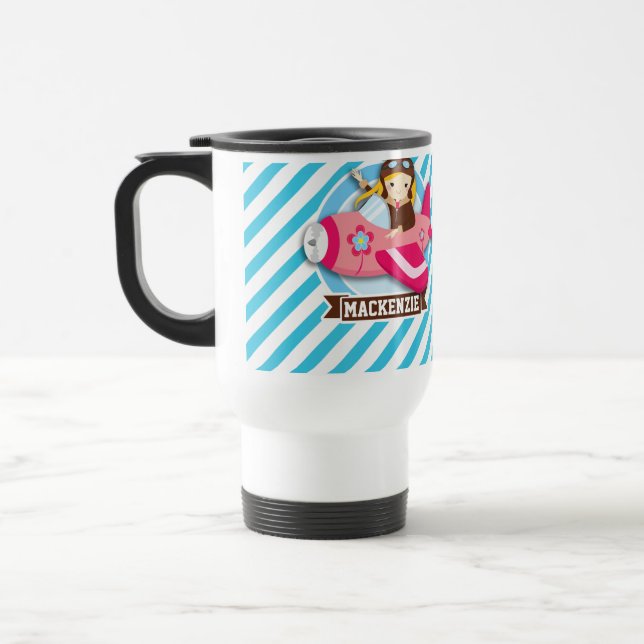 Girl Pilot in Pink Aeroplane; Blue & White Stripes Travel Mug (Left)