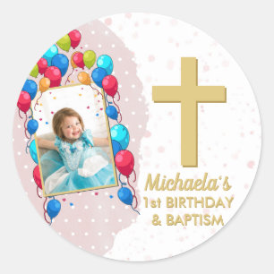 Girl Pink 1st Birthday Baptism Gold Text Photo Classic Round Sticker