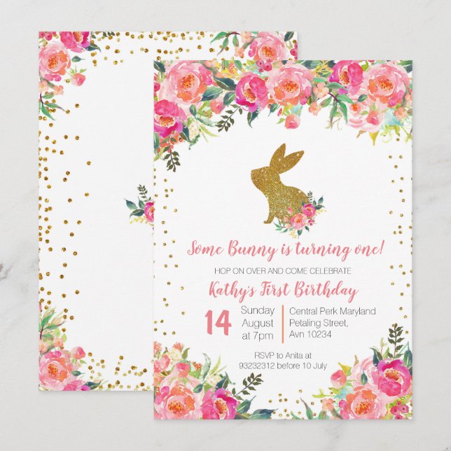 Girl Pink and Gold Bunny Birthday Floral Invitation (Front/Back)