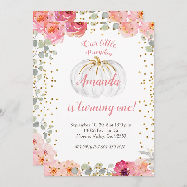 Girl Pink and Gold Our Pumpkin is turning one Invitation (Front/Back)