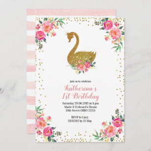 Girl Pink and Gold Swan Birthday Invitation