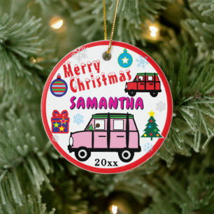Girl Pink and Red Cars Blue PHOTO NAME Ceramic Tree Decoration