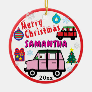 Girl Pink and Red Cars Blue PHOTO NAME Ceramic Tree Decoration
