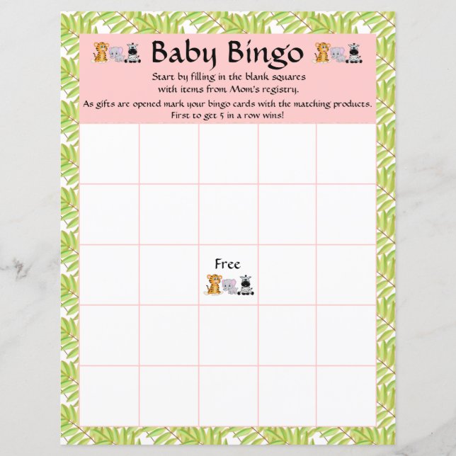 Girl Pink Baby Bingo Baby Shower Safari Jungle (Front)