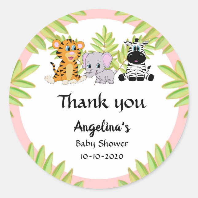 Girl Pink Baby Shower Cute Safari Jungle Thank You Classic Round Sticker (Front)