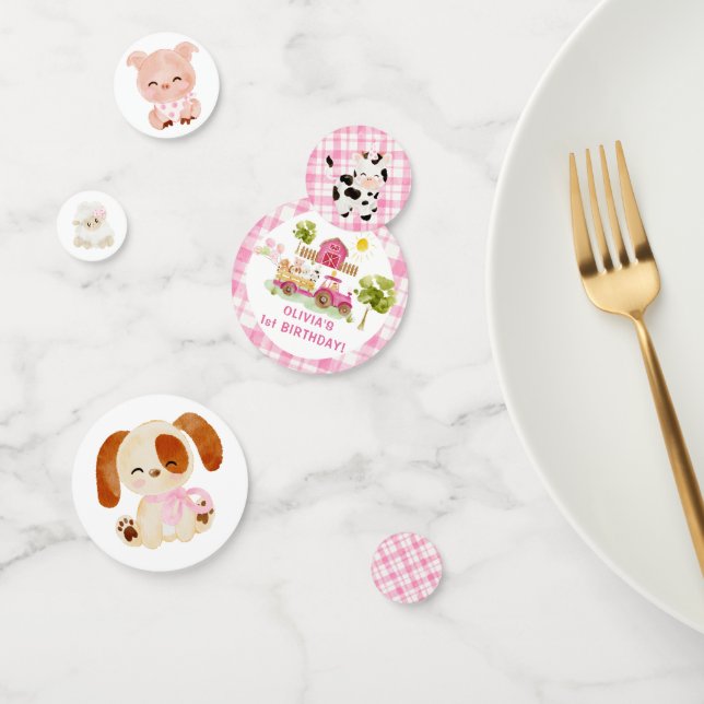 Girl pink barnyard farm animals birthday confetti (Group)