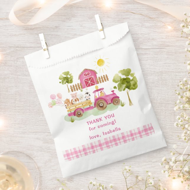 Girl pink barnyard fun farm animals birthday favour bags (Clipped)