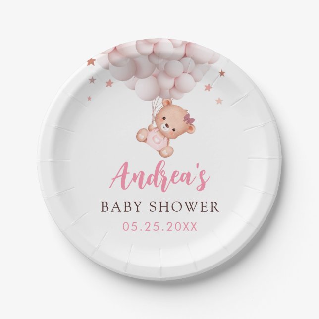Girl Pink Bear Baby Shower Paper Plates (Front)
