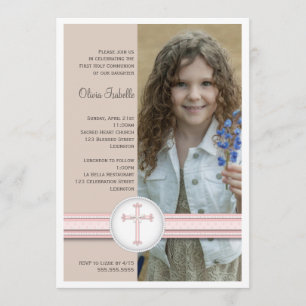 Girl Pink   Beige Photo Communion Invitation