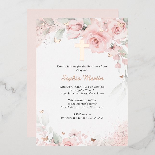 Girl Pink Blush Rose Gold Cross Floral Baptism  (Front/Back)