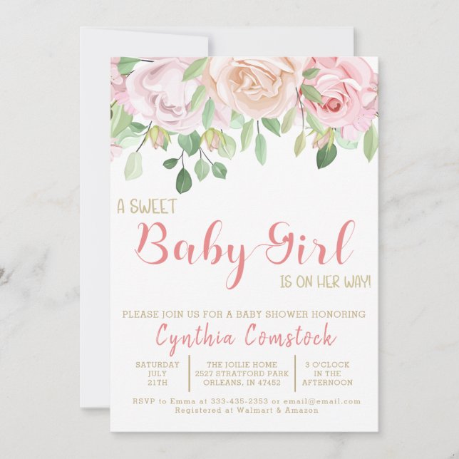 Girl Pink Blush Watercolor Floral Girl Shower Invitation (Front)