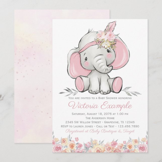 Girl Pink Boho Elephant Baby Shower Invitation (Front/Back)