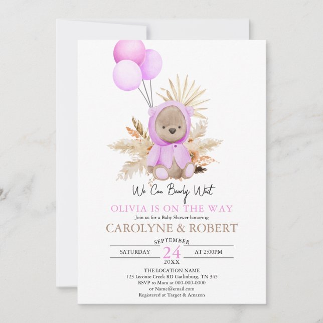 Girl Pink Boho Teddy Bear Bearly Wait Baby Shower Invitation (Front)
