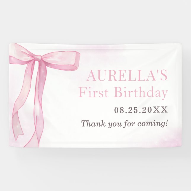 Girl Pink Bow 1st Birthday Party  Banner (Horizontal)