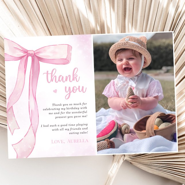 Girl Pink Bow Birthday Party Photo Thank You Card (Creator Uploaded)