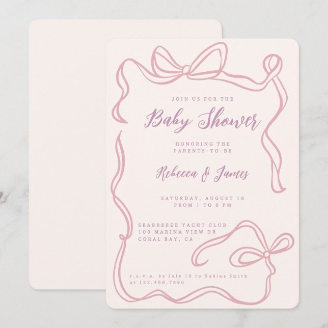 Girl Pink Bow Funky Hand-drawn Baby Shower Invitation (Front/Back)