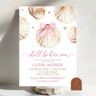 Girl Pink Bow Shell Baby Shower Invitation