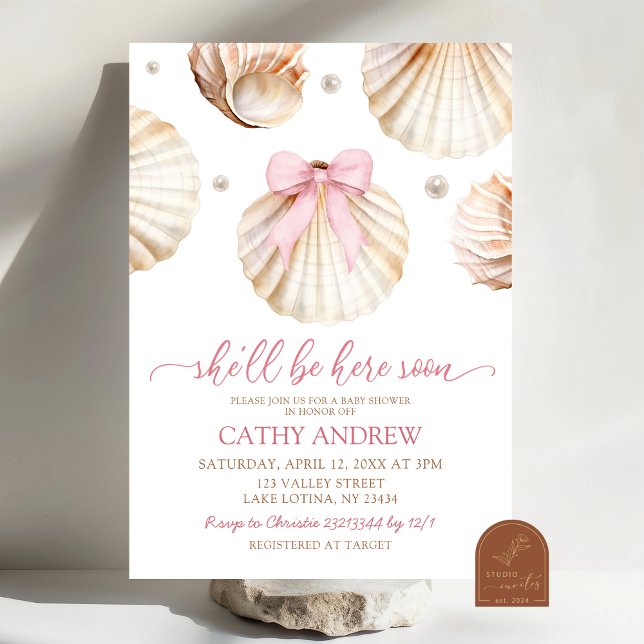 Girl Pink Bow Shell Baby Shower Invitation (Creator Uploaded)