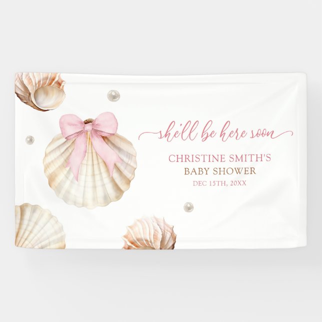 Girl Pink Bow Shell Baby Shower Large Banner (Horizontal)