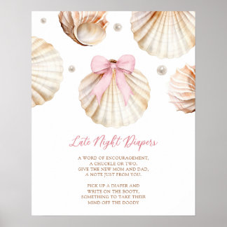 Girl Pink Bow Shell Baby Shower Late Diaper Poster