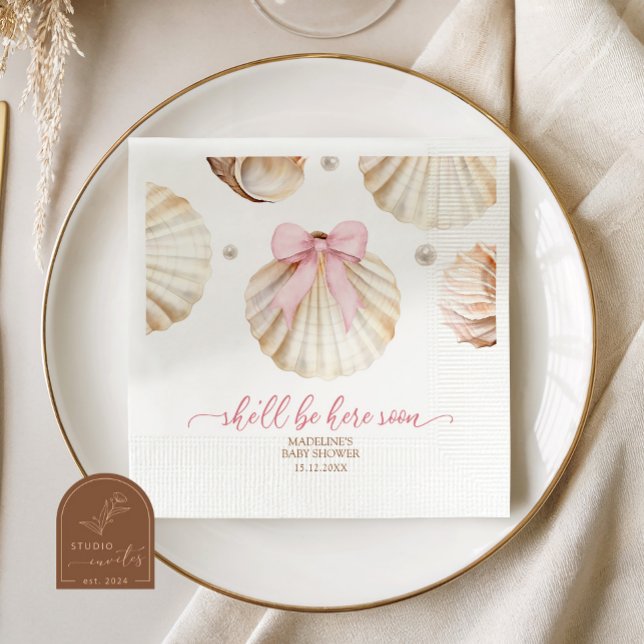 Girl Pink Bow Shell Baby Shower Paper Napkins (Creator Uploaded)