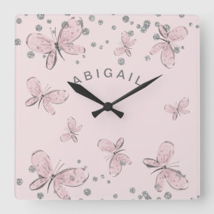 Girl Pink Butterfly Silver Sparkle Custom Name Square Wall Clock