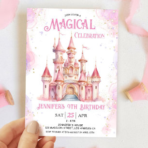 Girl Pink Castle Princess 9th Birthday Party Invitation