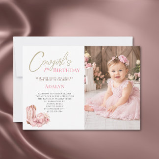 Girl Pink Cowgirl Script Photo 1st Birthday Invitation