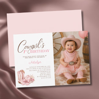 Girl Pink Cowgirl Script Photo 1st Birthday Invitation