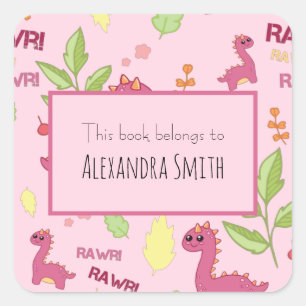 Girl pink Dinosaur pattern This Book Belongs Name Square Sticker