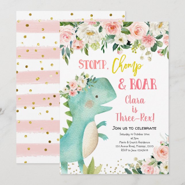 Girl Pink Dinosaur Three-Rex Birthday Invitation (Front/Back)