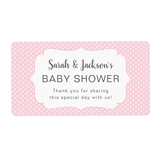 Girl pink dots baby shower water bottle label (Front)