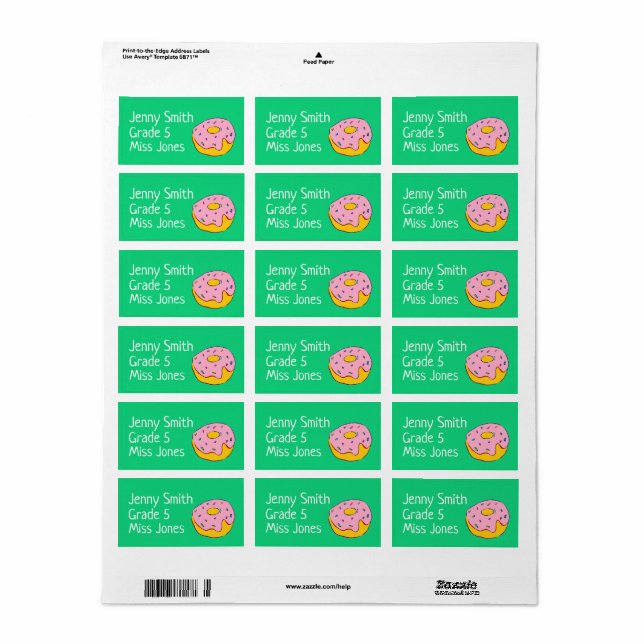 Girl pink doughnut name school book labels (Full Sheet)