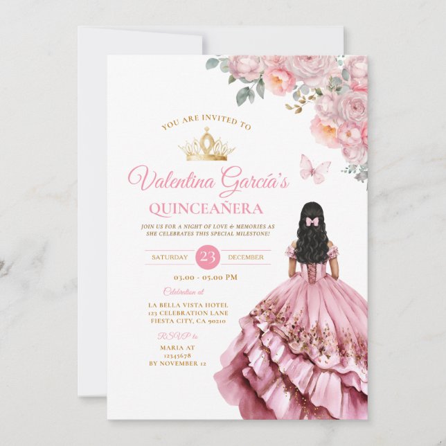 Girl Pink Dress Quinceañera 15 Anos Flowers Gold Invitation (Front)