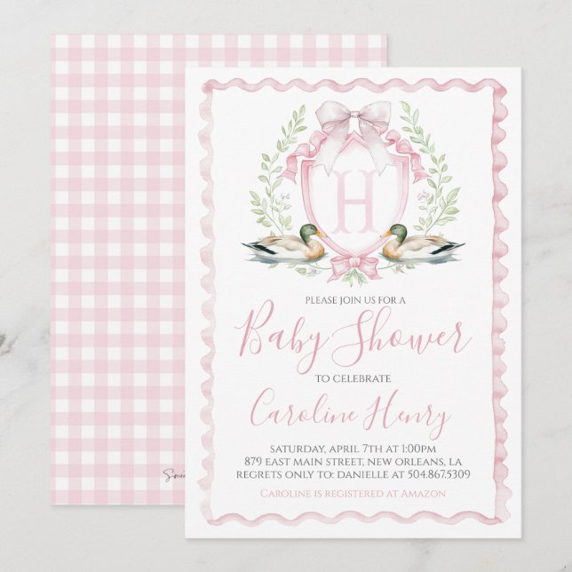 Girl Pink Duck Baby Shower Gingham Pink Invitation (Front/Back)
