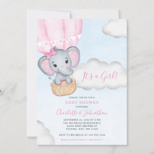 Girl Pink Elephant Baby Shower Invitation