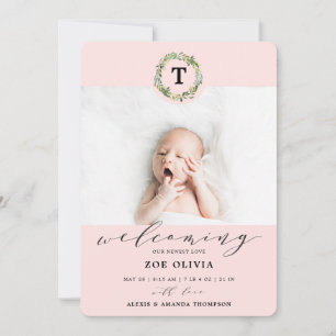 Girl Pink Eucalyptus Greenery Monogram Baby Birth Announcement