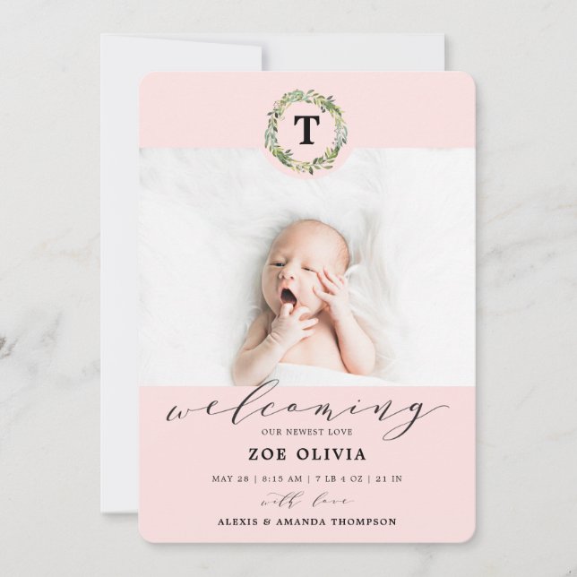 Girl Pink Eucalyptus Greenery Monogram Baby Birth Announcement (Front)