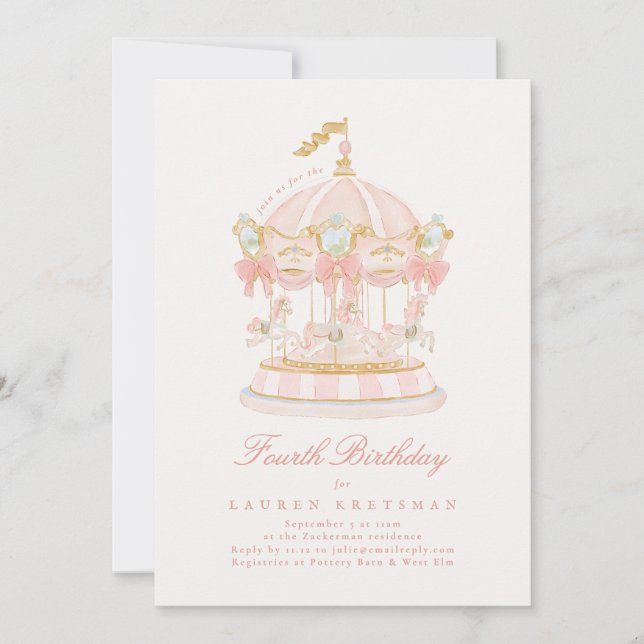 Girl Pink Fairytale Merry-Go-Round Birthday Party Invitation (Front)