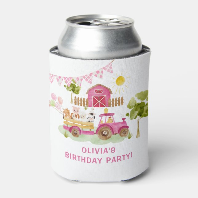 Girl pink farm animals birthday can cooler (Can Front)