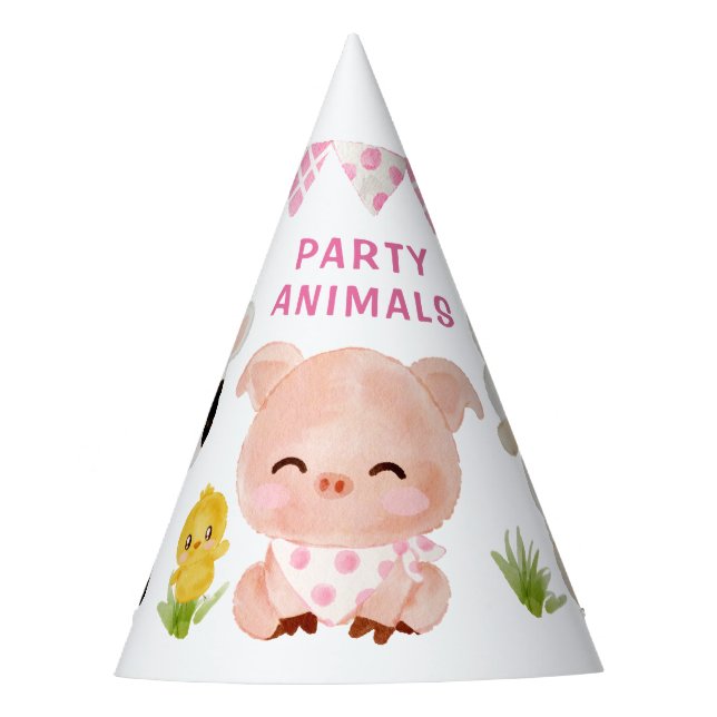 Girl pink Farm animals, party animals birthday Party Hat (Front)