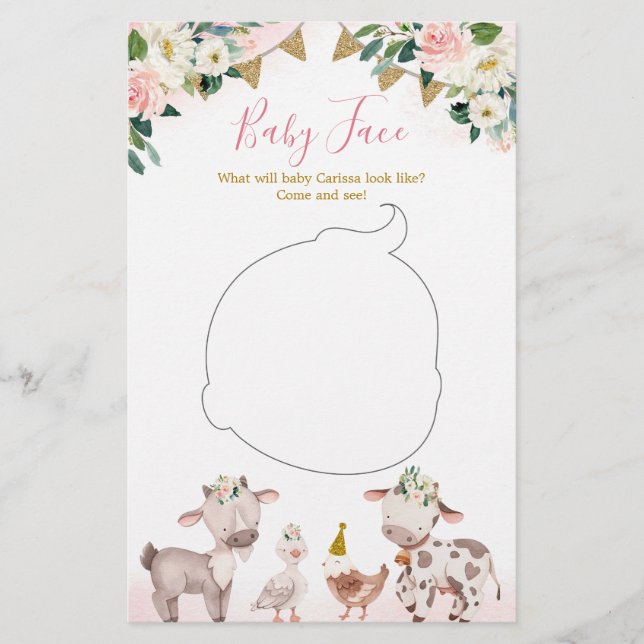 Girl Pink Farm Baby Shower Baby Face Card (Front)