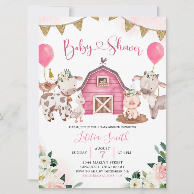 Girl Pink Farm Baby Shower Invitation (Front)