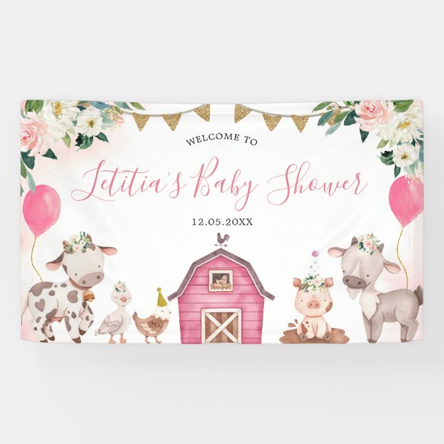 Girl Pink Farm Baby Shower Large Banner Sign (Horizontal)