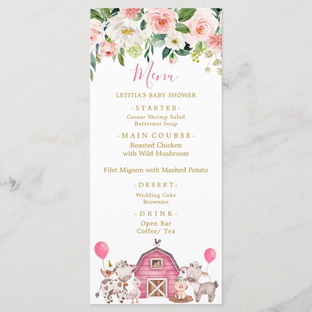 Girl Pink Farm Baby Shower Menu (Front)