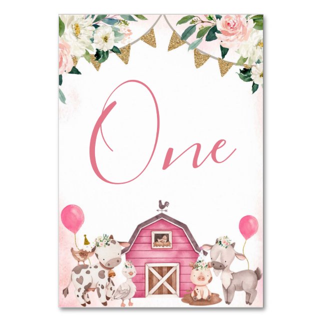 Girl Pink Farm Baby Shower Table Number (Front)