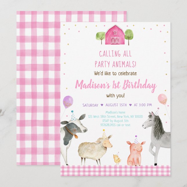 Girl Pink Farm Party Animal Birthday Invitation (Front/Back)