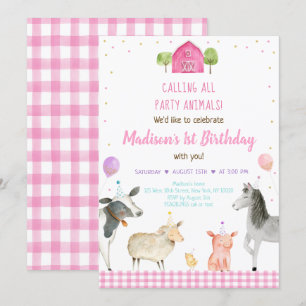 Girl Pink Farm Party Animal Birthday Invitation