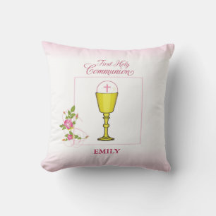 Girl Pink First Holy Communion, Chalice, Host, Ros Cushion